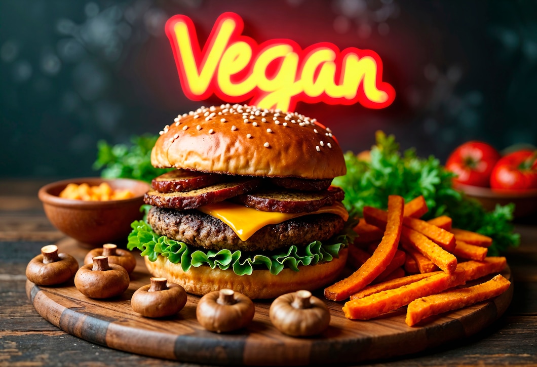 Vegan burger advertisement displayed on a digital screen